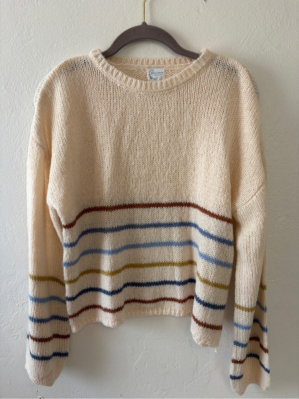 Blue Rain Cream Knit Sweater with Blue, Brown & Olive Stripes 05-02
